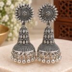 Elegant Oxidized Silver Floral Jhumka Earrings