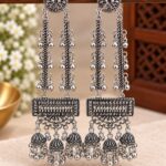 Elegant Oxidized Silver Long Chandelier Jhumka Earrings