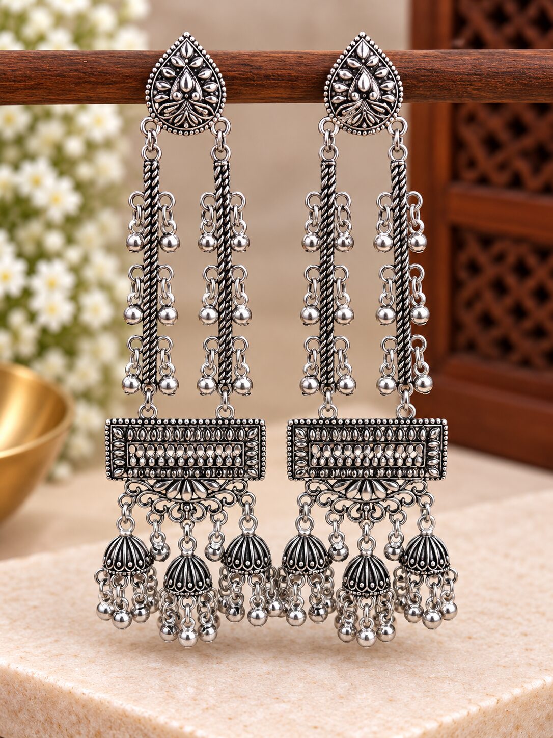 2026/09/1003580412.jpg Elegant Oxidized Silver Long Chandelier Jhumka Earrings - Image 1