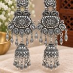 Elegant Oxidized Silver Floral Chandelier Jhumka Earrings