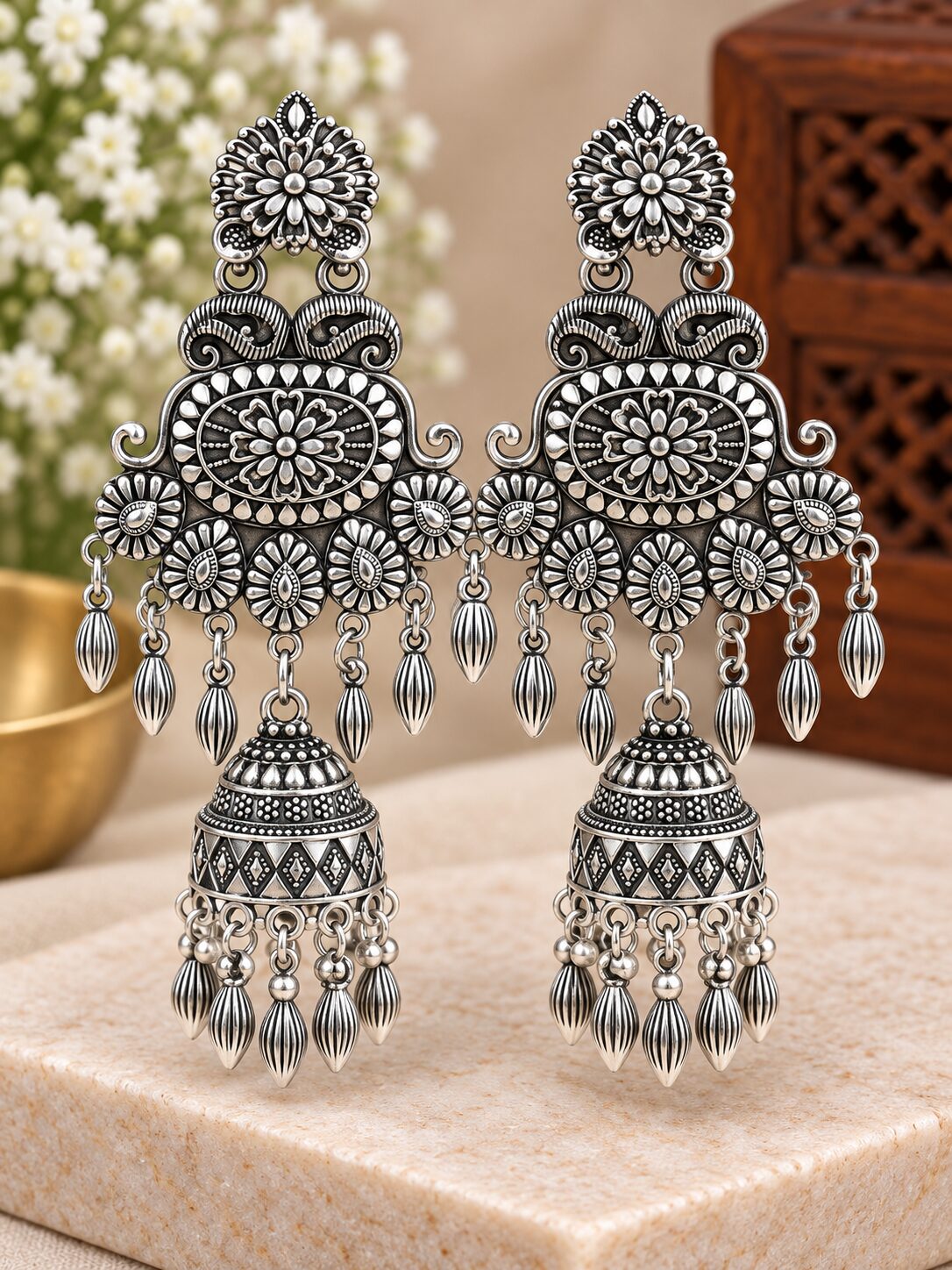 2026/09/1003580414.jpg Elegant Oxidized Silver Floral Chandelier Jhumka Earrings - Image 1