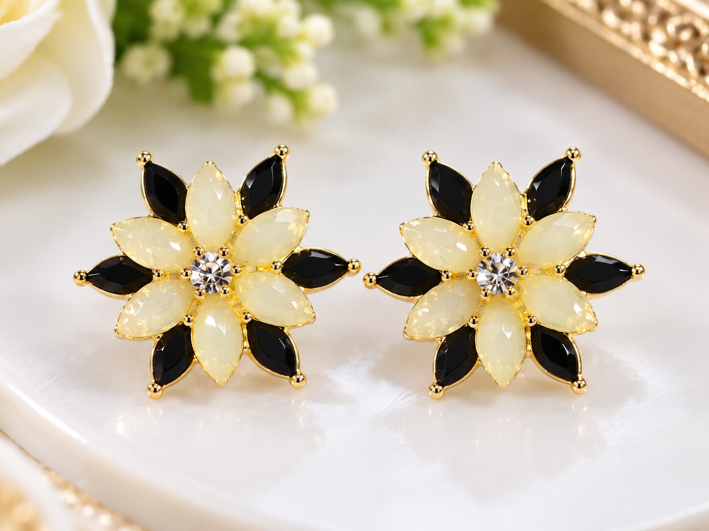 2026/09/1003580416.jpg Elegant Black & Ivory Floral Stud Earrings ✨ - Image 1