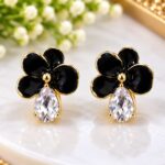 Elegant Black Flower Crystal Drop Earrings ✨