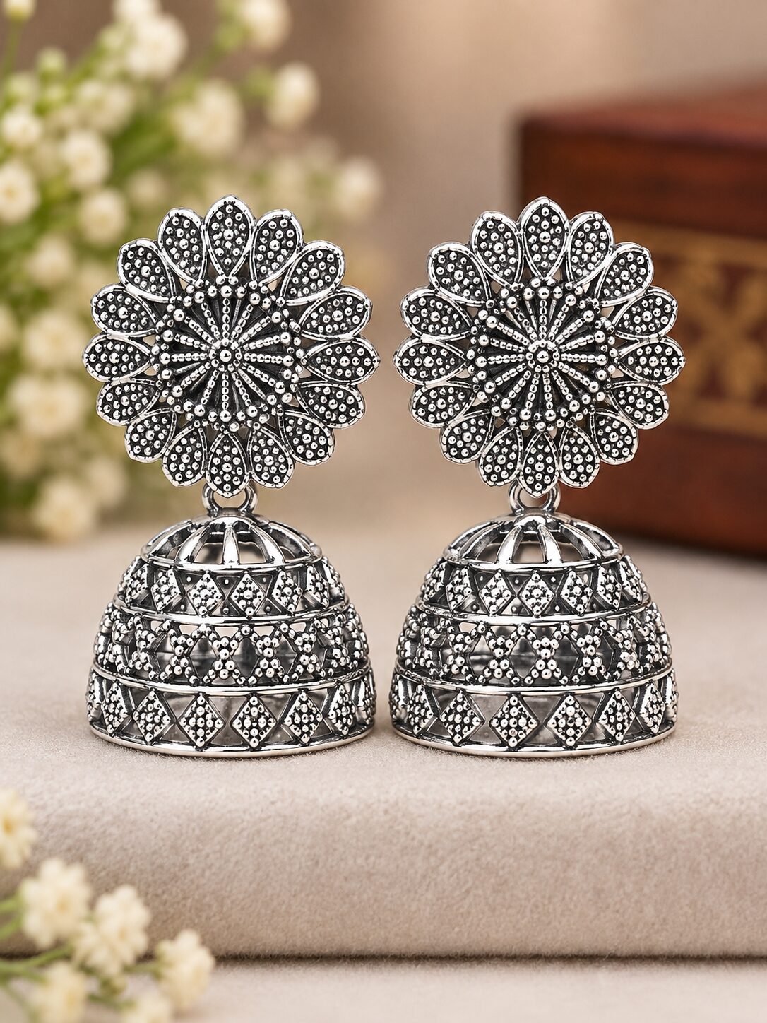 2026/09/1003580473.jpg Elegant Oxidized Silver Floral Jhumka Earrings - Image 1