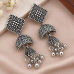 Elegant Oxidized Silver Diamond Jhumka Earrings