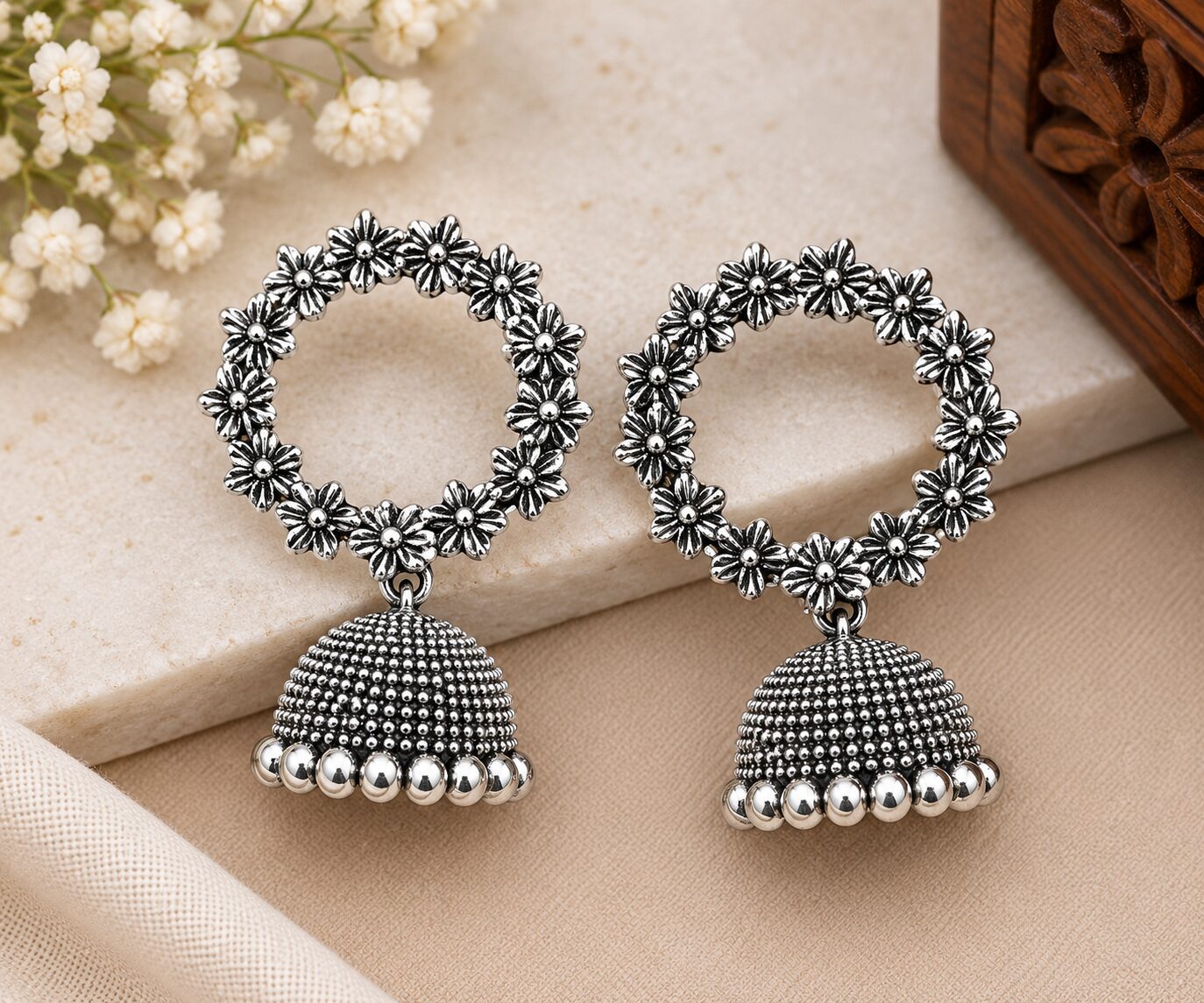 2026/09/1003580484.jpg Elegant Oxidized Silver Floral Jhumka Earrings - Image 1