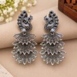 Elegant Oxidized Silver Peacock Feather Earrings