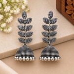 Elegant Oxidized Silver Leaf Jhumka Earrings