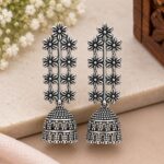 Elegant Oxidized Silver Floral Jhumka Earrings