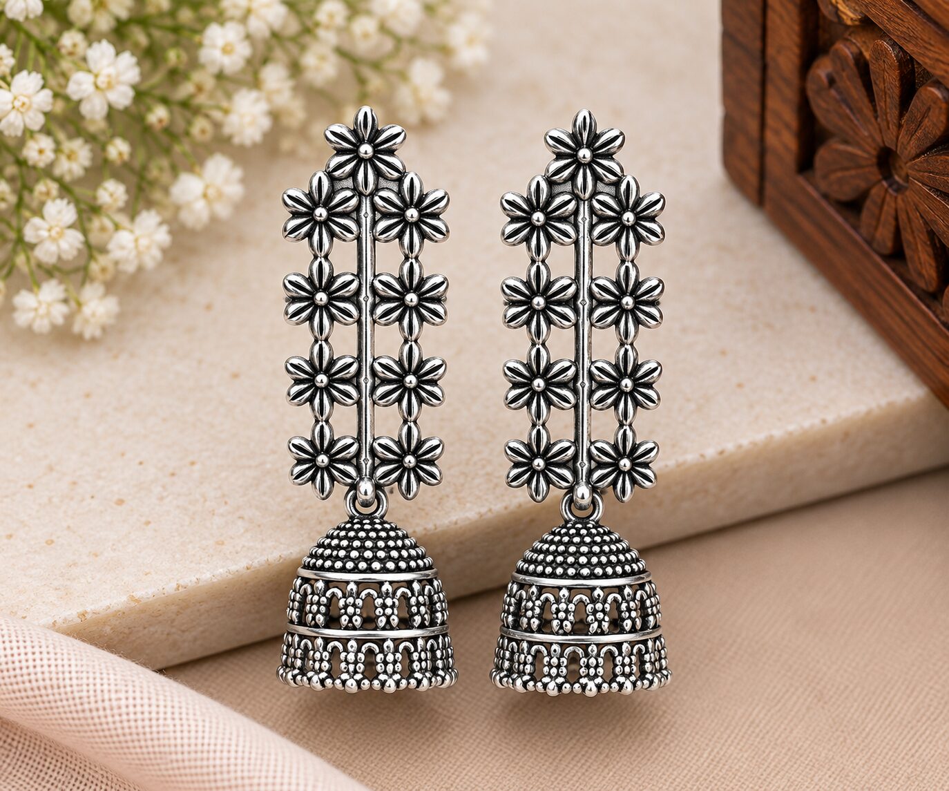2026/09/1003580495.jpg Elegant Oxidized Silver Floral Jhumka Earrings - Image 1