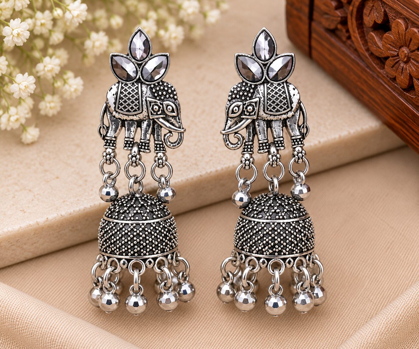 2026/09/1003580497.jpg Elegant Oxidized Silver Elephant Jhumka Earrings - Image 1
