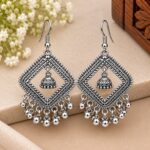Elegant Oxidized Silver Diamond Jhumka Earrings