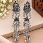 Elegant Oxidized Silver Peacock Long Jhumka Earrings