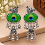 Elegant Oxidized Silver Peacock Jhumka Earrings with Green Eye Design