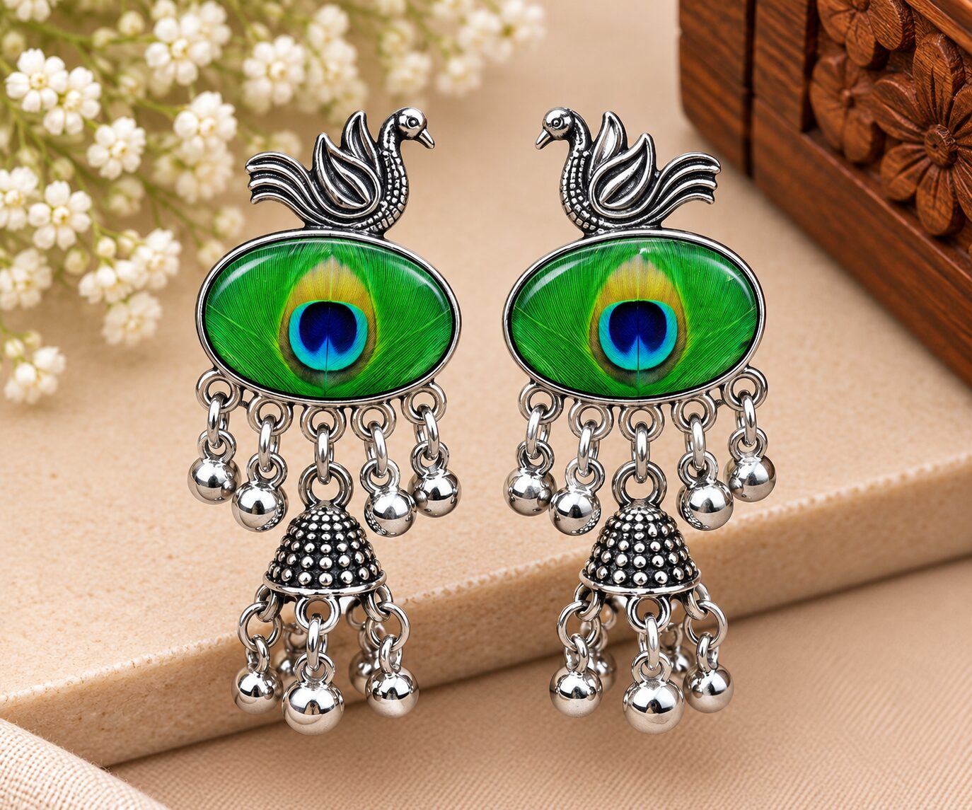 2026/09/1003580505.jpg Elegant Oxidized Silver Peacock Jhumka Earrings with Green Eye Design - Image 1