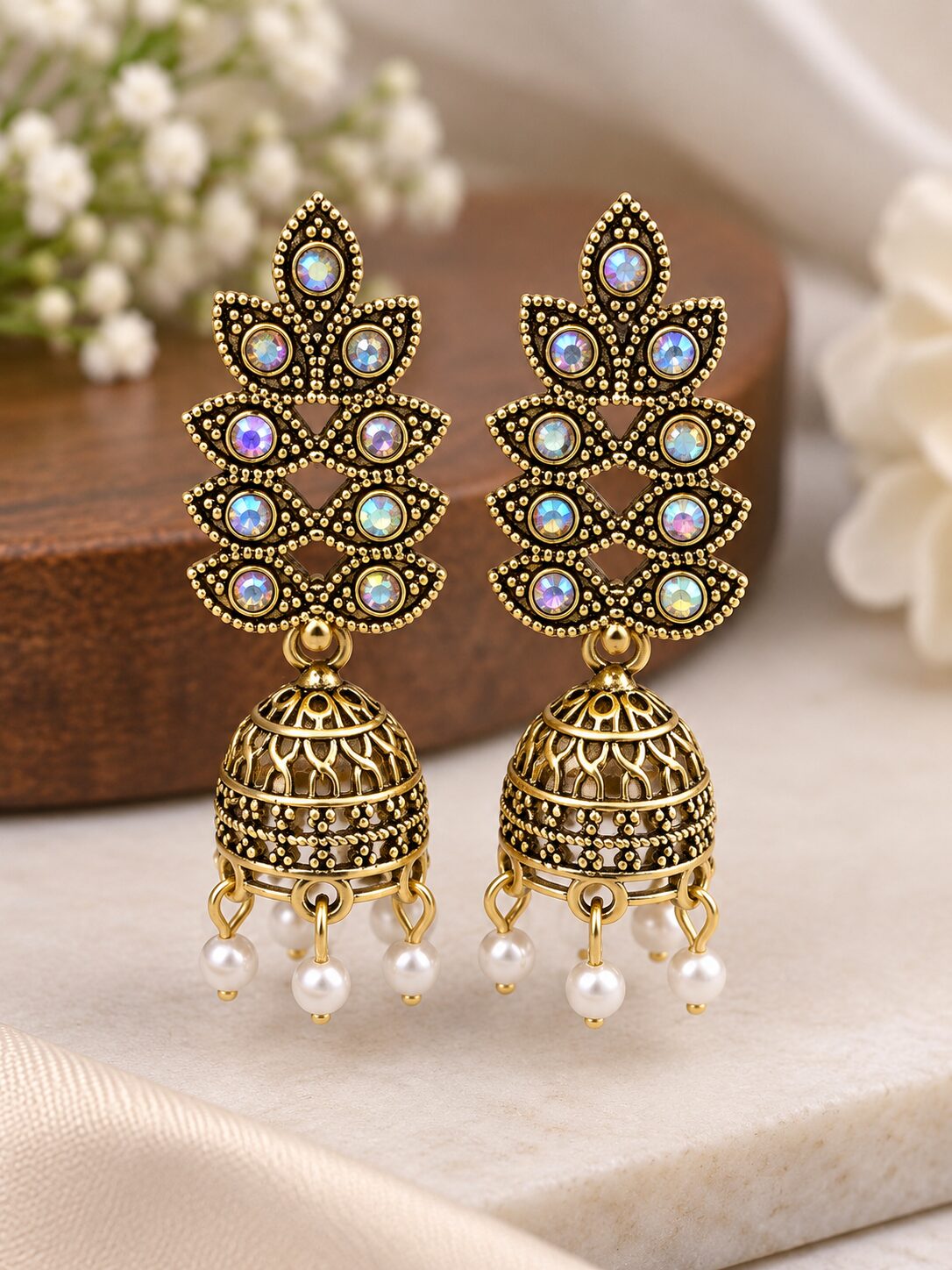 2026/09/1003580507.jpg Antique Gold Multicolor Stone Jhumka Earrings - Image 1