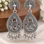 Oxidized Silver Peacock Design Long Dangle Earrings