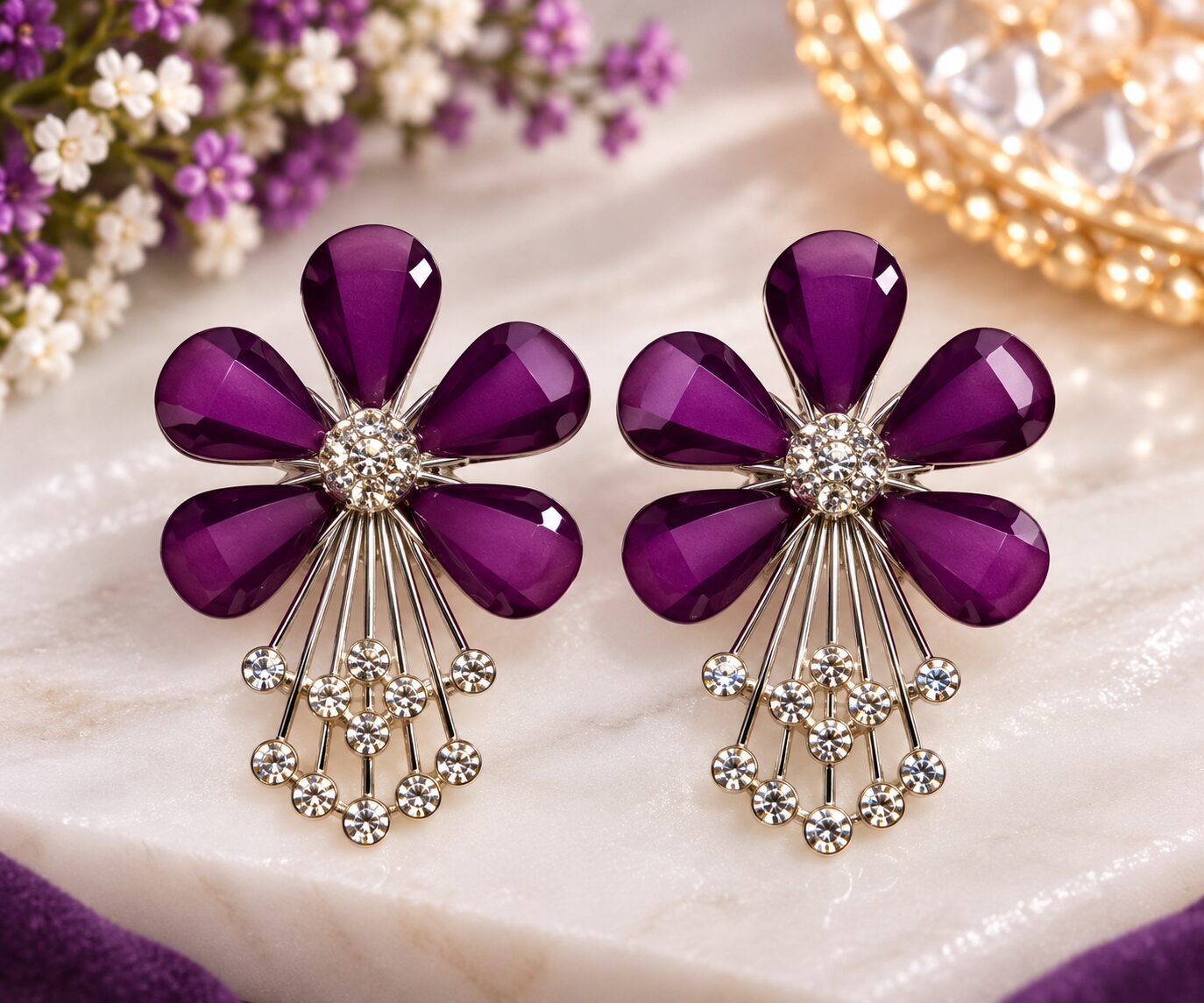 2026/09/1003580557.jpg Royal Plum Purple Floral Crystal Drop Earrings 💜✨ - Image 1