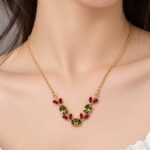 Elegant Olive Green & Ruby Red Floral Gold Necklace ✨🌿❤️