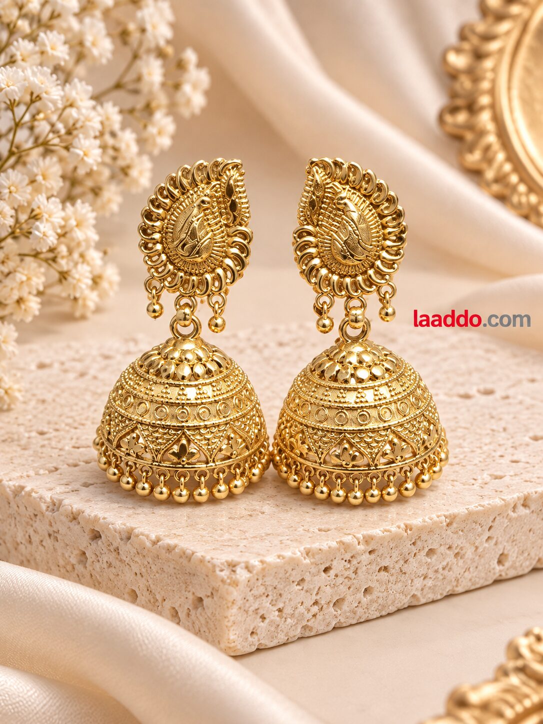 2026/09/1003580973.jpg Premium Gold Plated Designer Jhumka Earrings – Traditional Ethnic Jhumki | Wedding & Festive Wear - Image 1