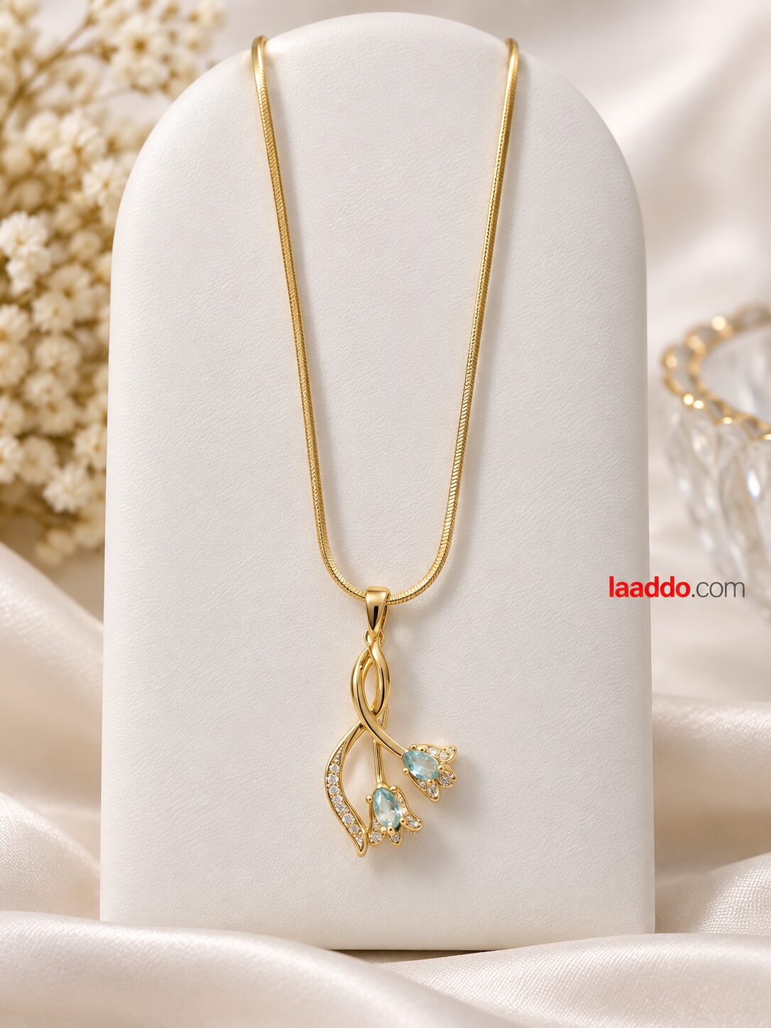 2026/09/1003580976.jpg Elegant Gold Floral Pendant Necklace with Blue Stones | Premium Korean Design - Image 1