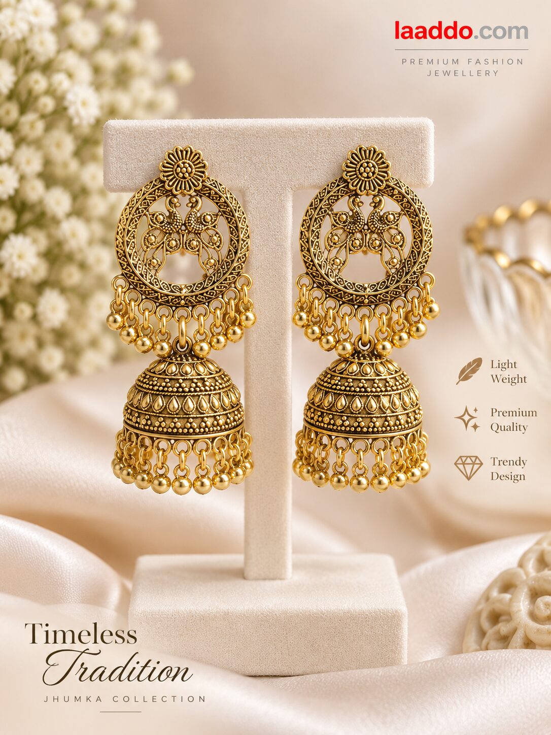 2026/09/1003580991.jpg Traditional Antique Gold Peacock Jhumka Earrings | Designer Ethnic Jhumki Jewellery - Image 1