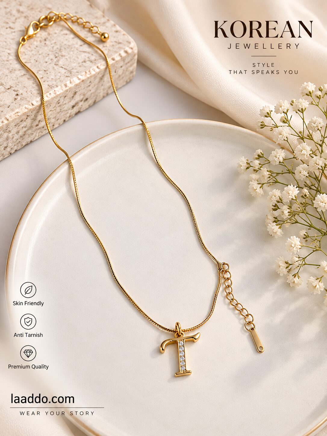 2026/09/1003581030.jpg Korean Letter T Pendant Necklace | Gold-Plated Anti-Tarnish Jewellery - Image 1