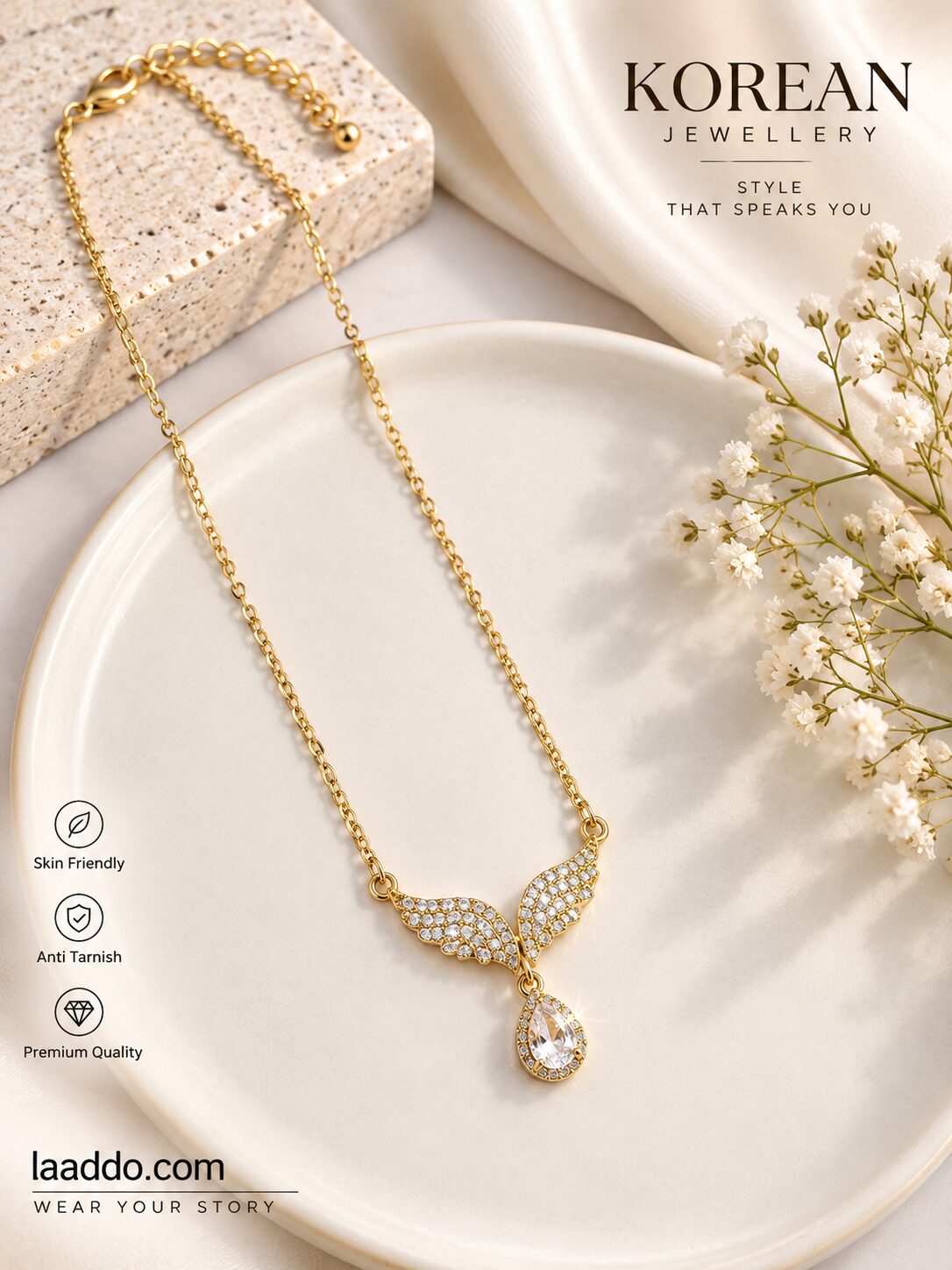2026/09/1003581032.jpg Korean Wing Pendant Necklace with Crystal Drop | Gold-Plated Anti-Tarnish Jewellery - Image 1