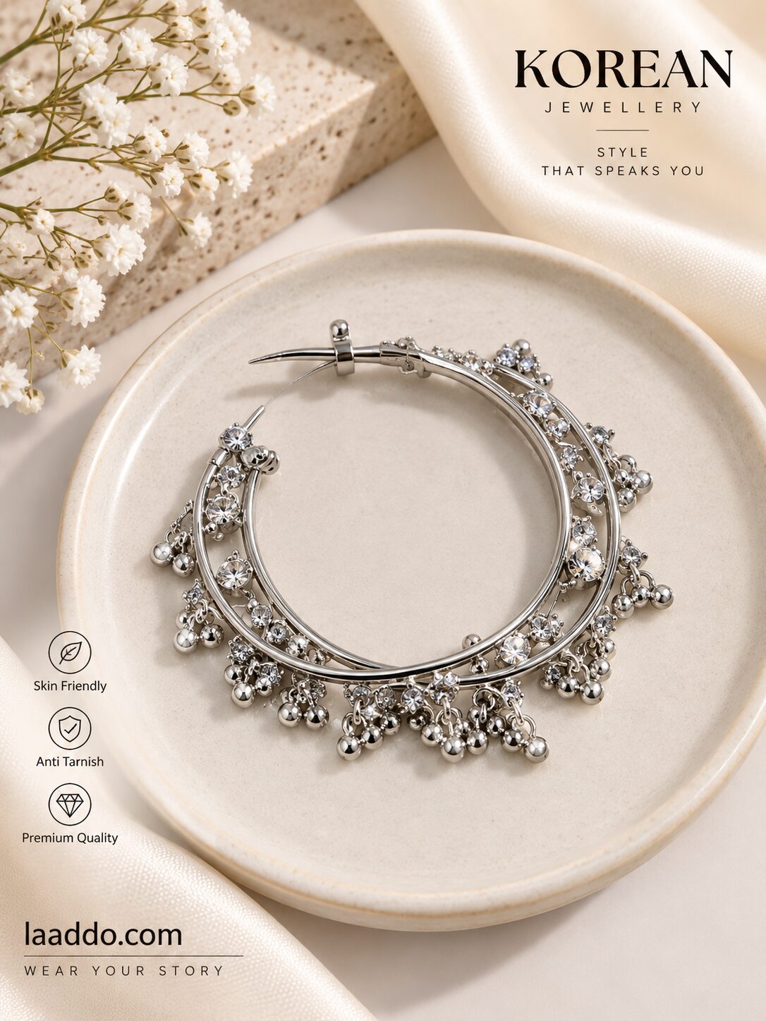 2026/09/1003581036.jpg Korean Silver Hoop Earrings with Crystal & Pearl Drops | Anti-Tarnish Jewellery - Image 1