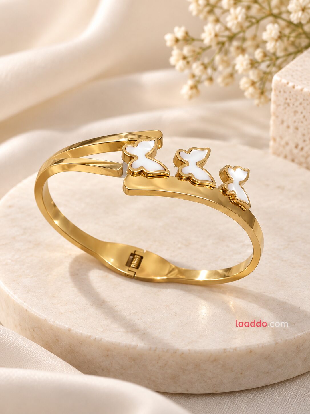 2026/09/1003581171.jpg Elegant Korean Butterfly White Enamel Gold-Tone Open Cuff Bracelet | Anti-Tarnish Jewellery - Image 1