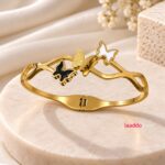 Korean Butterfly Trio Gold-Tone Open Bangle | Black, White & Textured Gold Stainless Steel Bracelet