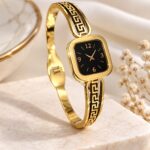 Elegant Gold Bangle Watch with Black Dial & Greek Key Design | Premium Korean Style