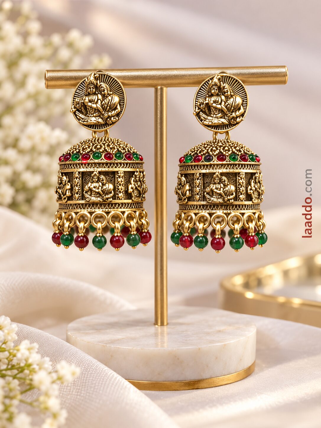 2026/09/1003581410.jpg Traditional Temple Design Multicolor Kundan Jhumka Earrings - Image 1