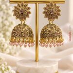 Premium Gold-Tone Floral Stone Jhumka Earrings with Pink Pearl Drops