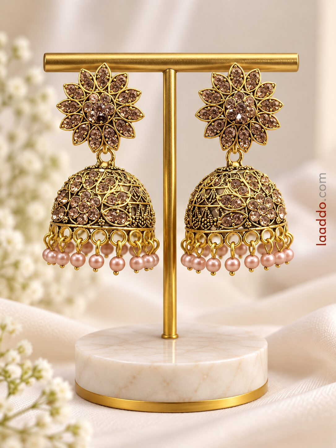 2026/09/1003581414.jpg Premium Gold-Tone Floral Stone Jhumka Earrings with Pink Pearl Drops - Image 1