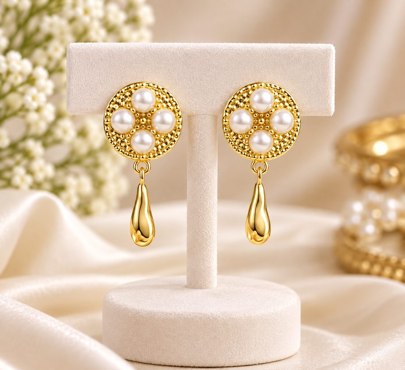 2026/09/1003581418.jpg Premium Pearl Drop Gold Earrings | Elegant Korean Style Fashion Jewellery - Image 1