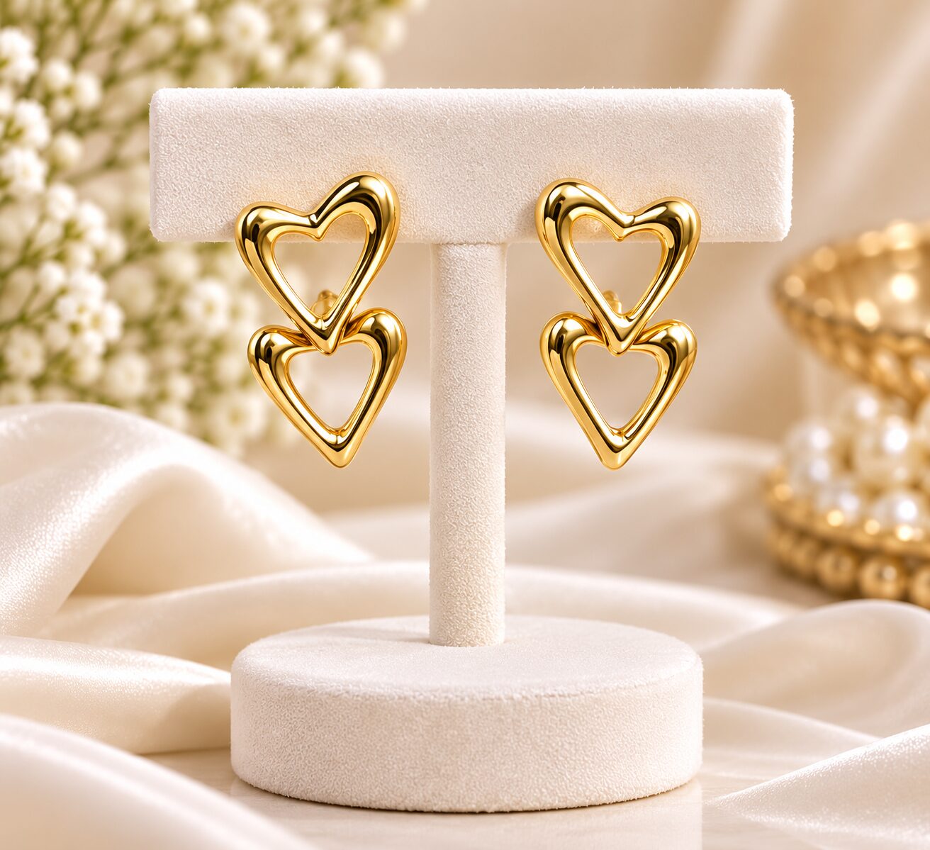 2026/09/1003581422.jpg Double Heart Gold Drop Earrings | Elegant Korean Style Fashion Jewellery - Image 1