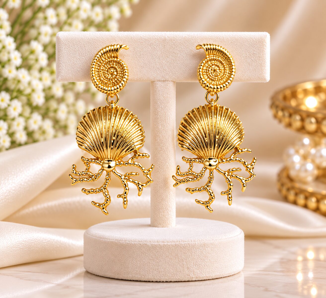 2026/09/1003581429.jpg Elegant Gold Shell Drop Earrings | Sea-Inspired Korean Style Statement Jewellery - Image 1