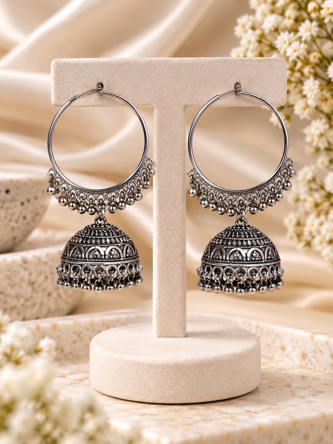 2026/09/1003581444.jpg Oxidized Silver Jhumka Hoop Earrings | Traditional Ethnic Fashion Jewellery - Image 1