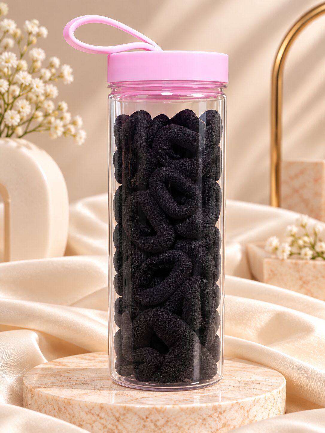 2026/09/1003581584.jpg Black Fabric Hair Scrunchies – Premium Elastic Hair Ties Jar - Image 1