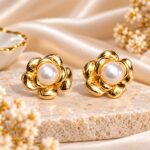 Premium Gold-Tone Pearl Flower Stud Earrings – Elegant Party & Festive Jewellery