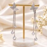 Silver Butterfly Crystal Long Drop Earrings – Elegant Korean Party Wear Jewellery