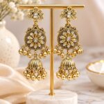 Antique Gold Floral Designer Jhumka Earrings with Stone & Bead Detailing