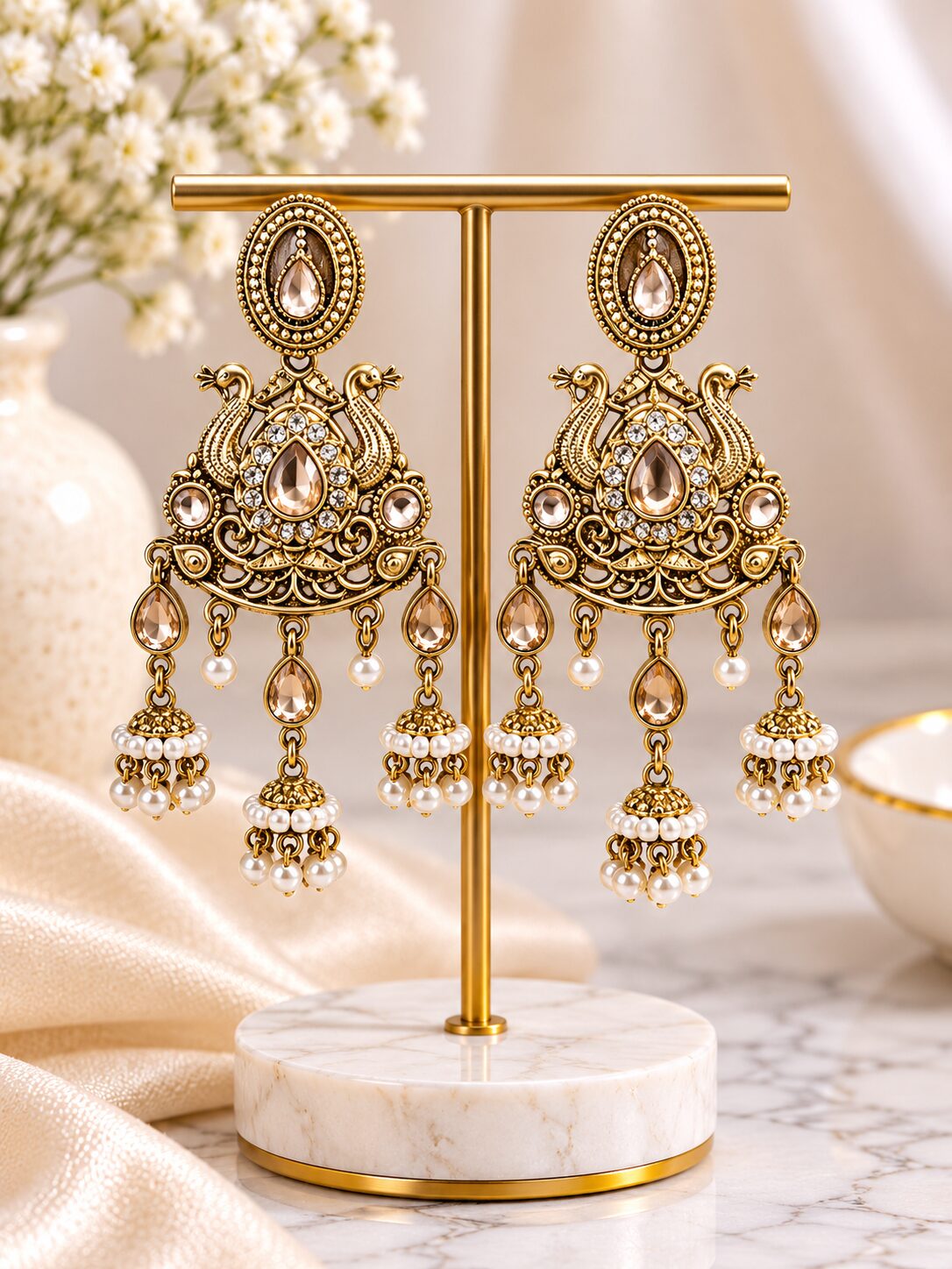 2026/09/1003581759.jpg Antique Gold Peacock Design Jhumka Earrings with Pearl & Stone Detailing - Image 1