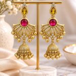 Gold Designer Jhumka Earrings with Pink Stone & Dangling Bead Detailing