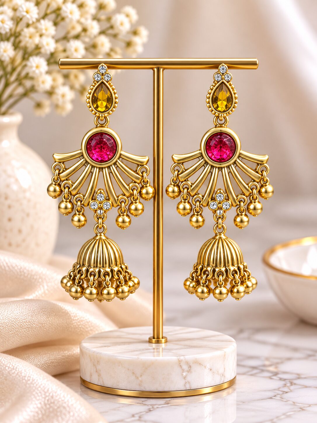 2026/09/1003581761.jpg Gold Designer Jhumka Earrings with Pink Stone & Dangling Bead Detailing - Image 1