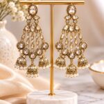 Gold Crystal Chandelier Jhumka Earrings with Pearl Beaded Drops