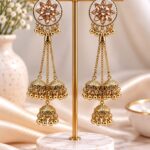 Gold Floral Jhumka Earrings with Long Chain & Pearl Beaded Drops
