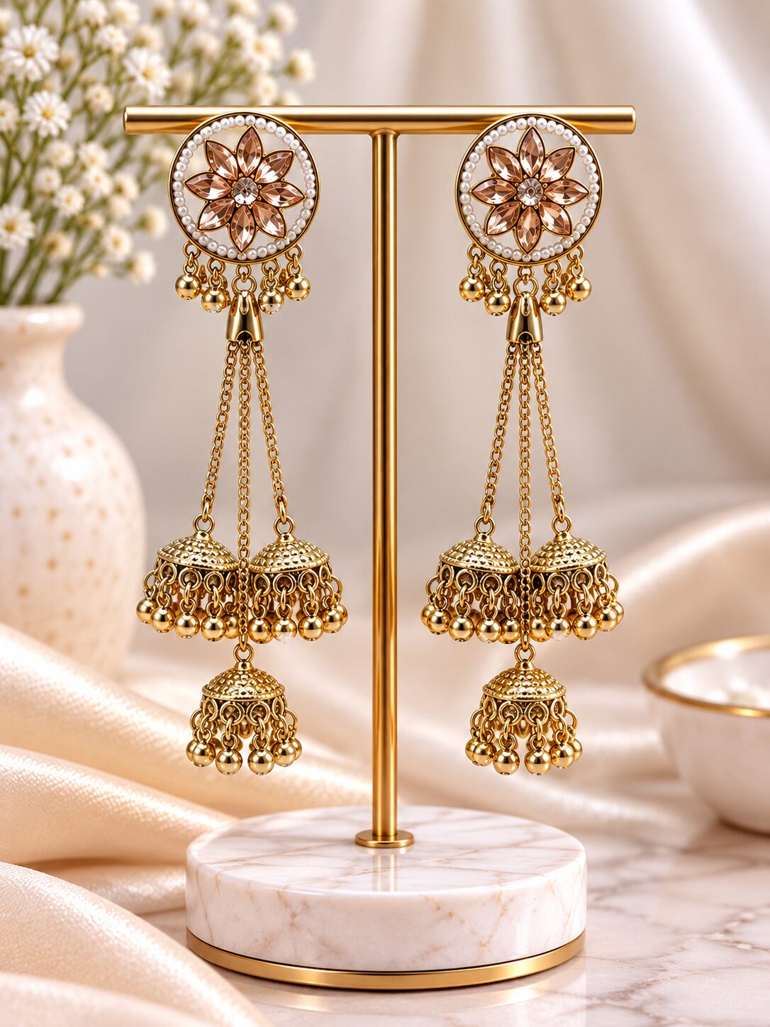 2026/09/1003581765.jpg Gold Floral Jhumka Earrings with Long Chain & Pearl Beaded Drops - Image 1