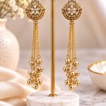 Gold Floral Crystal Long Chain Earrings with Designer Bead Drops